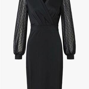 Grace Karin Black Sheath Dress with Swiss Dot Bishop Sleeves and V-Neck-S